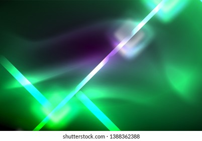 Neon square and line lights on dark background with blurred effects, vector modern design