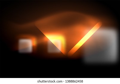 Luces cuadradas y de línea de neón sobre fondo oscuro con efectos borrosos, diseño vectorial moderno