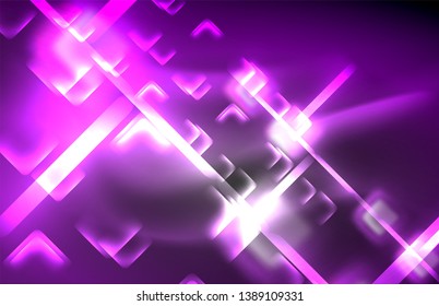 Neon square and line lights on dark background with blurred effects, vector modern design