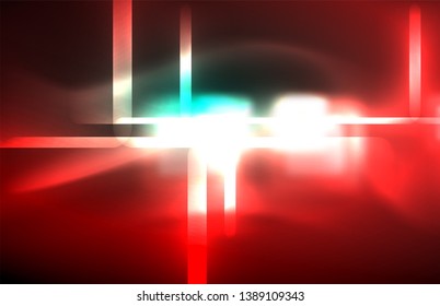 Neon square and line lights on dark background with blurred effects, vector modern design