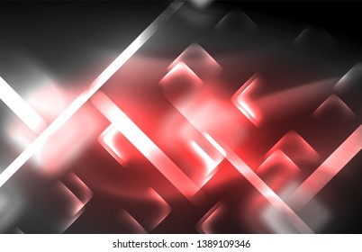 Neon square and line lights on dark background with blurred effects, vector modern design