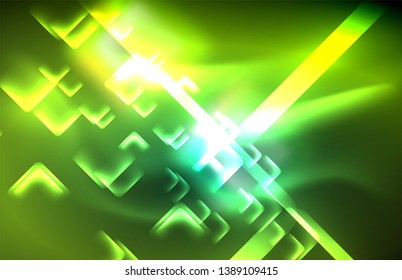 Neon square and line lights on dark background with blurred effects, vector modern design