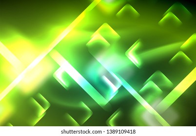Neon square and line lights on dark background with blurred effects, vector modern design