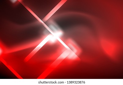 Neon square and line lights on dark background with blurred effects, vector modern design