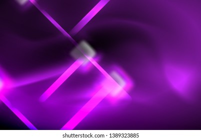 Neon square and line lights on dark background with blurred effects, vector modern design