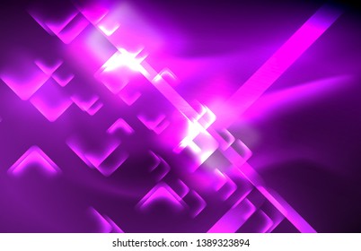 Neon square and line lights on dark background with blurred effects, vector modern design