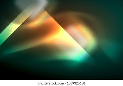 Neon square and line lights on dark background with blurred effects, vector modern design