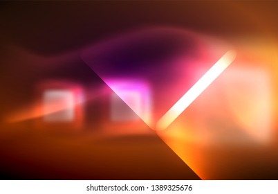 Neon square and line lights on dark background with blurred effects, vector modern design