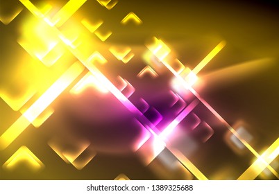 Luces cuadradas y de línea de neón sobre fondo oscuro con efectos borrosos, diseño vectorial moderno