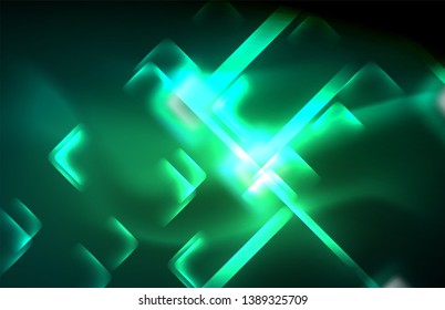 Neon square and line lights on dark background with blurred effects, vector modern design