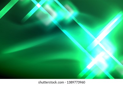 Neon square and line lights on dark background with blurred effects, vector modern design
