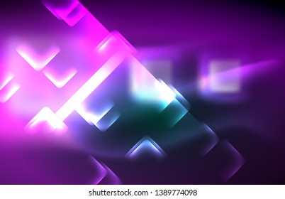 Neon square and line lights on dark background with blurred effects, vector modern design
