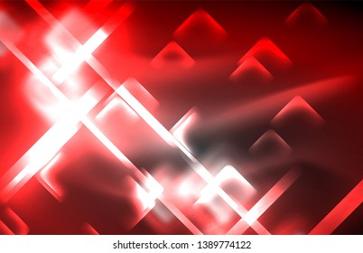 Neon square and line lights on dark background with blurred effects, vector modern design