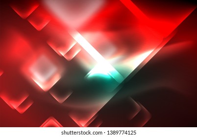 Neon square and line lights on dark background with blurred effects, vector modern design