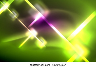 Neon square and line lights on dark background with blurred effects, vector modern design