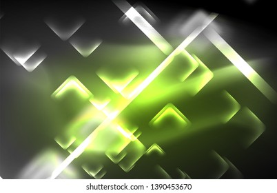 Luces cuadradas y de línea de neón sobre fondo oscuro con efectos borrosos, diseño vectorial moderno