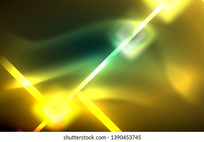Neon square and line lights on dark background with blurred effects, vector modern design