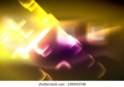 Luces cuadradas y de línea de neón sobre fondo oscuro con efectos borrosos, diseño vectorial moderno