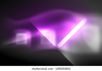 Luces cuadradas y de línea de neón sobre fondo oscuro con efectos borrosos, diseño vectorial moderno