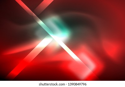 Neon square and line lights on dark background with blurred effects, vector modern design