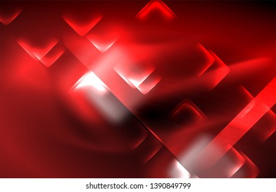 Neon square and line lights on dark background with blurred effects, vector modern design