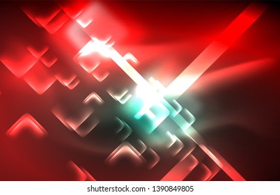 Luces cuadradas y de línea de neón sobre fondo oscuro con efectos borrosos, diseño vectorial moderno