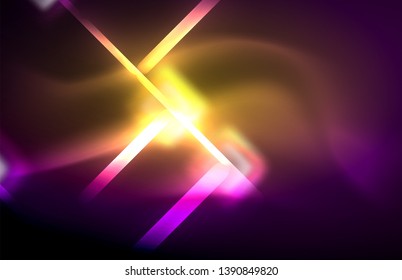 Neon square and line lights on dark background with blurred effects, vector modern design