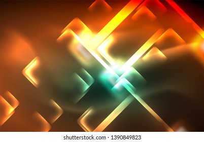 Luces cuadradas y de línea de neón sobre fondo oscuro con efectos borrosos, diseño vectorial moderno