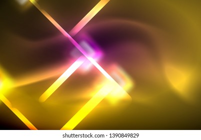 Neon square and line lights on dark background with blurred effects, vector modern design