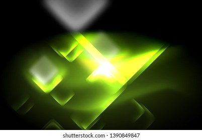 Luces cuadradas y de línea de neón sobre fondo oscuro con efectos borrosos, diseño vectorial moderno