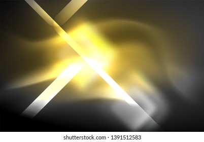 Neon square and line lights on dark background with blurred effects, vector modern design