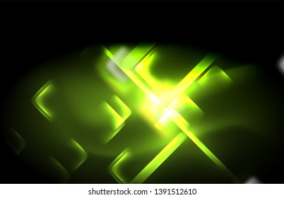 Luces cuadradas y de línea de neón sobre fondo oscuro con efectos borrosos, diseño vectorial moderno