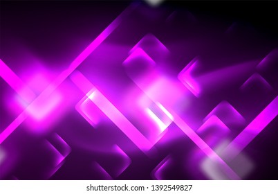 Luces cuadradas y de línea de neón sobre fondo oscuro con efectos borrosos, diseño vectorial moderno
