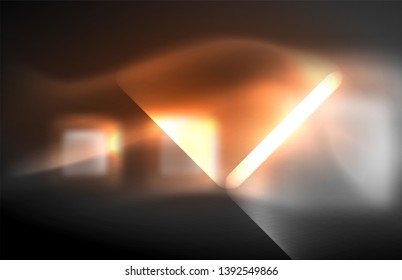 Luces cuadradas y de línea de neón sobre fondo oscuro con efectos borrosos, diseño vectorial moderno