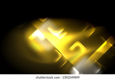 Neon square and line lights on dark background with blurred effects, vector modern design