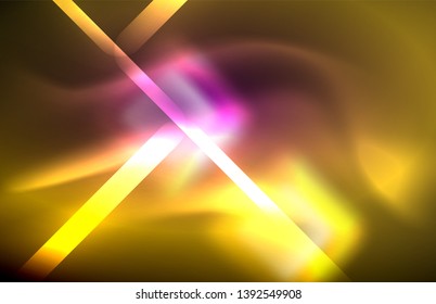 Neon square and line lights on dark background with blurred effects, vector modern design