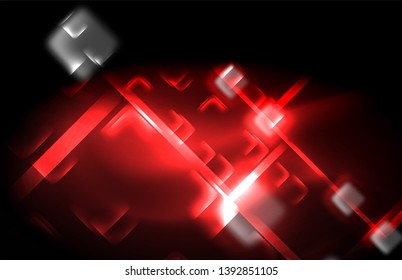 Neon square and line lights on dark background with blurred effects, vector modern design