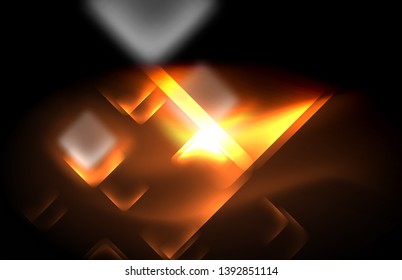Neon square and line lights on dark background with blurred effects, vector modern design