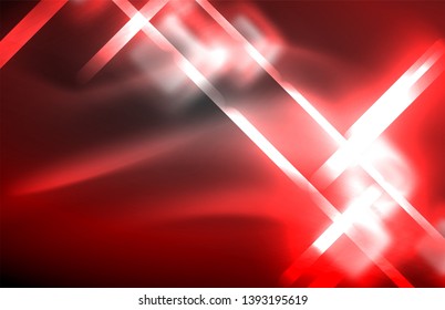 Neon square and line lights on dark background with blurred effects, vector modern design