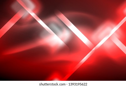 Neon square and line lights on dark background with blurred effects, vector modern design