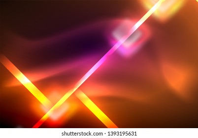 Luces cuadradas y de línea de neón sobre fondo oscuro con efectos borrosos, diseño vectorial moderno