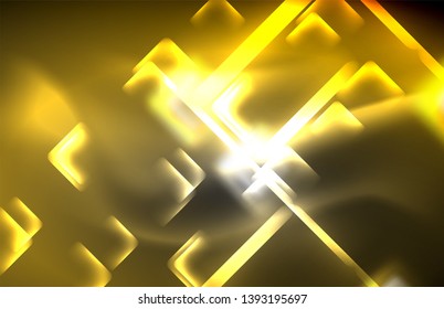 Neon square and line lights on dark background with blurred effects, vector modern design