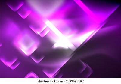 Neon square and line lights on dark background with blurred effects, vector modern design