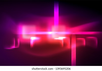 Neon square and line lights on dark background with blurred effects, vector modern design