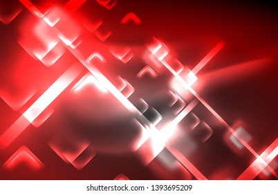 Neon square and line lights on dark background with blurred effects, vector modern design