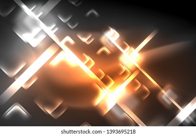 Neon square and line lights on dark background with blurred effects, vector modern design