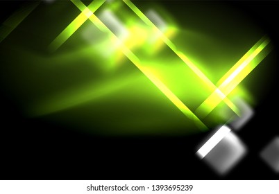 Luces cuadradas y de línea de neón sobre fondo oscuro con efectos borrosos, diseño vectorial moderno