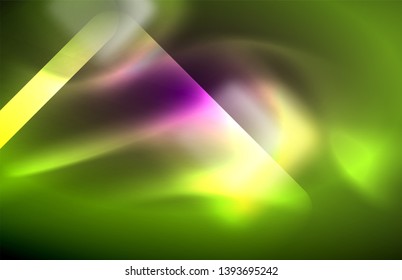 Luces cuadradas y de línea de neón sobre fondo oscuro con efectos borrosos, diseño vectorial moderno