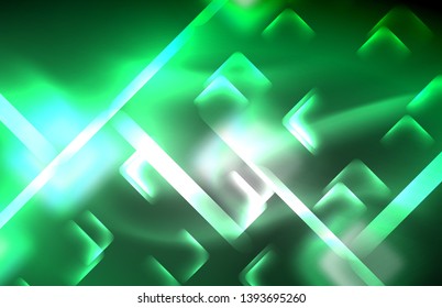 Luces cuadradas y de línea de neón sobre fondo oscuro con efectos borrosos, diseño vectorial moderno