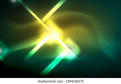 Neon square and line lights on dark background with blurred effects, vector modern design